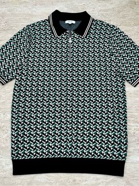 Reiss Black, White & Green Geometric Zip Polo Size Small